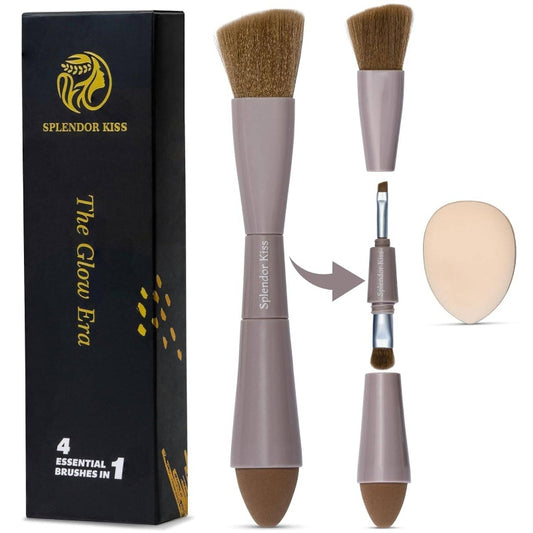 4-in-1 All-in-One Travel Makeup Brush Set with Bonus Foundation, Concealer, Eyeshadow, Blush, Contouring & Powder Puff - Professional Vegan & Ethically Made Synthetic Bristle Brushes with Handle & Golden Caps - Compact Case I